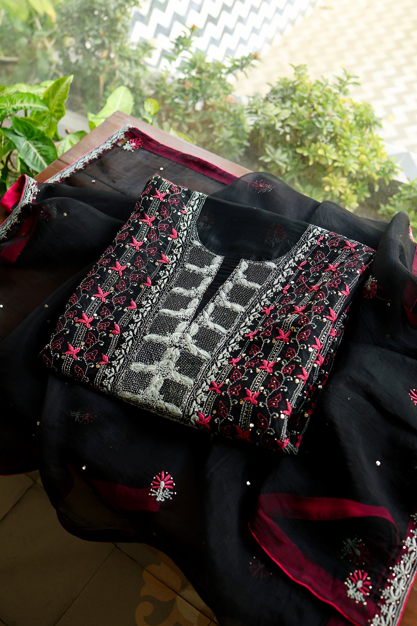 Black & Pink Noor Organza Silk Chikankari With Kamdani Fabric