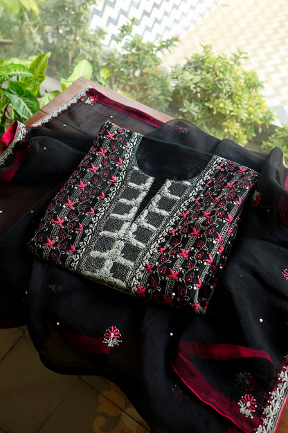 Black & Pink Noor Organza Silk Chikankari With Kamdani Fabric