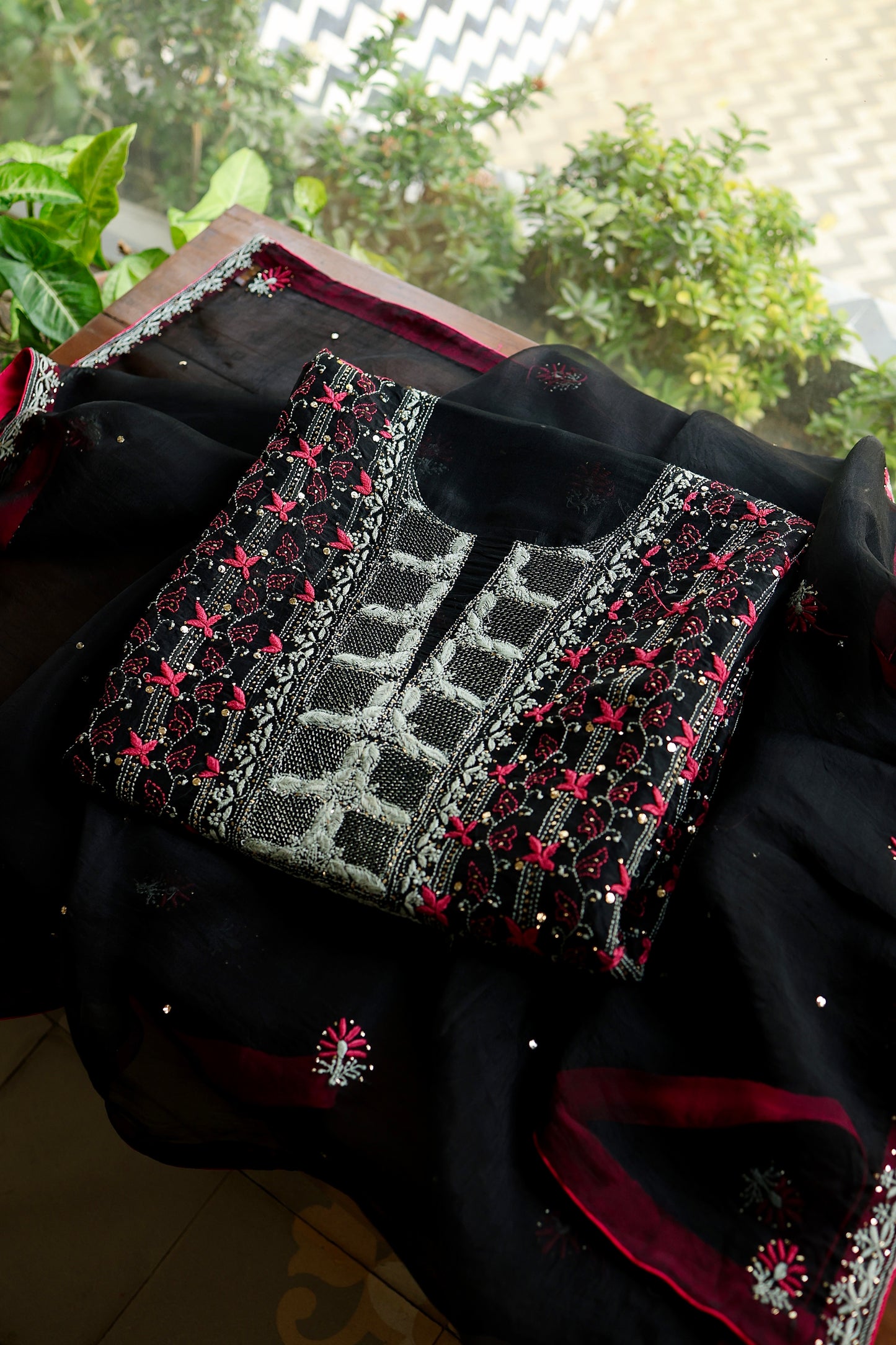 Black & Pink Noor Organza Silk Chikankari With Kamdani Fabric