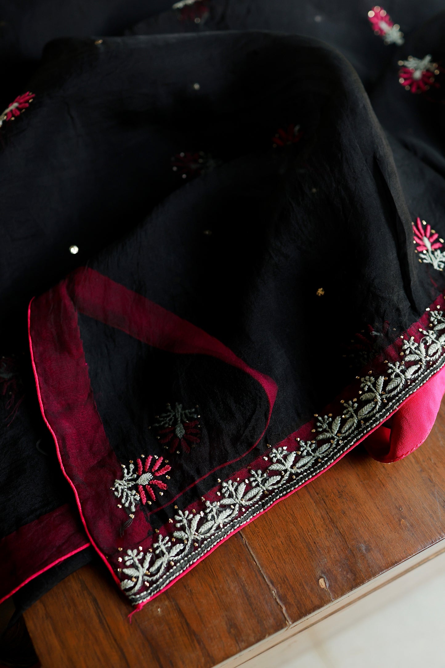 Black & Pink Noor Organza Silk Chikankari With Kamdani Fabric