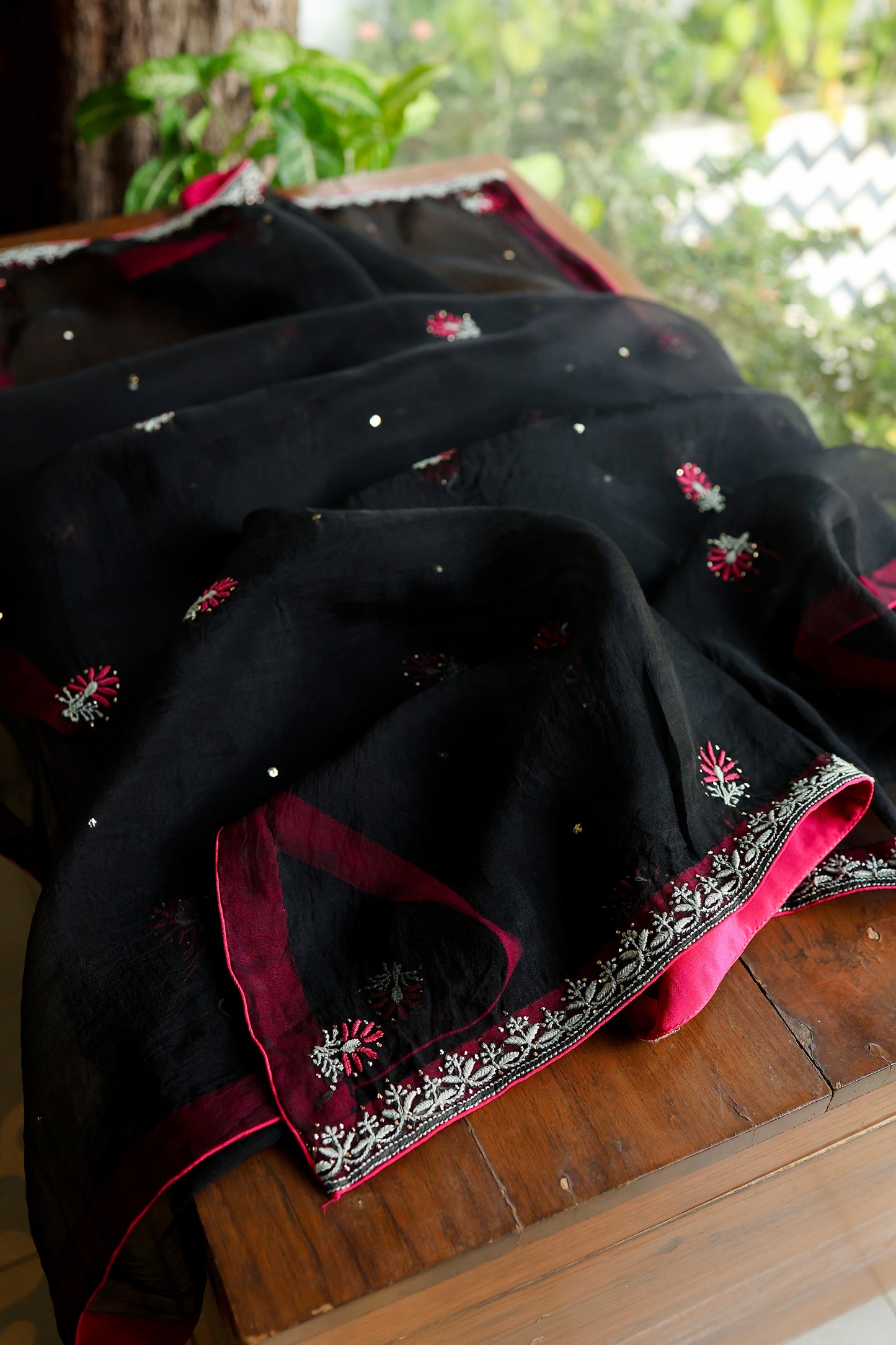 Black & Pink Noor Organza Silk Chikankari With Kamdani Fabric