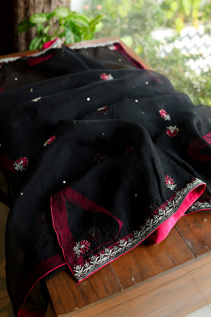 Black & Pink Noor Organza Silk Chikankari With Kamdani Fabric