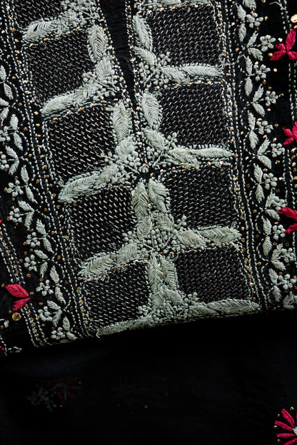 Black & Pink Noor Organza Silk Chikankari With Kamdani Fabric