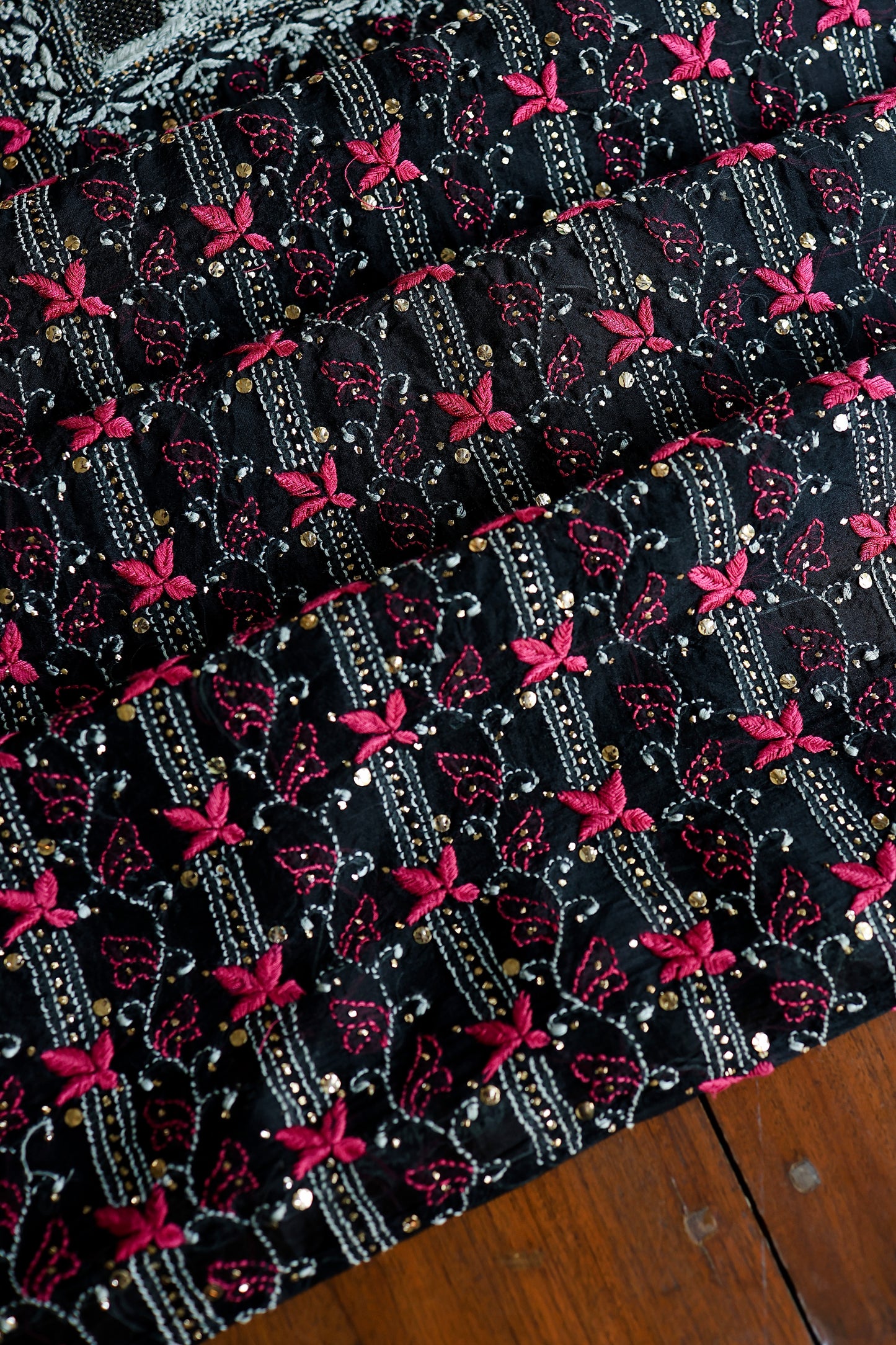 Black & Pink Noor Organza Silk Chikankari With Kamdani Fabric