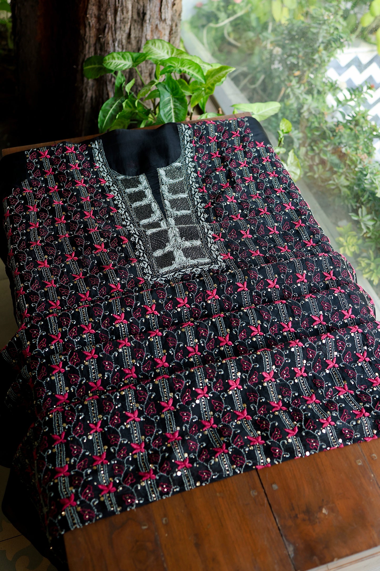 Black & Pink Noor Organza Silk Chikankari With Kamdani Fabric