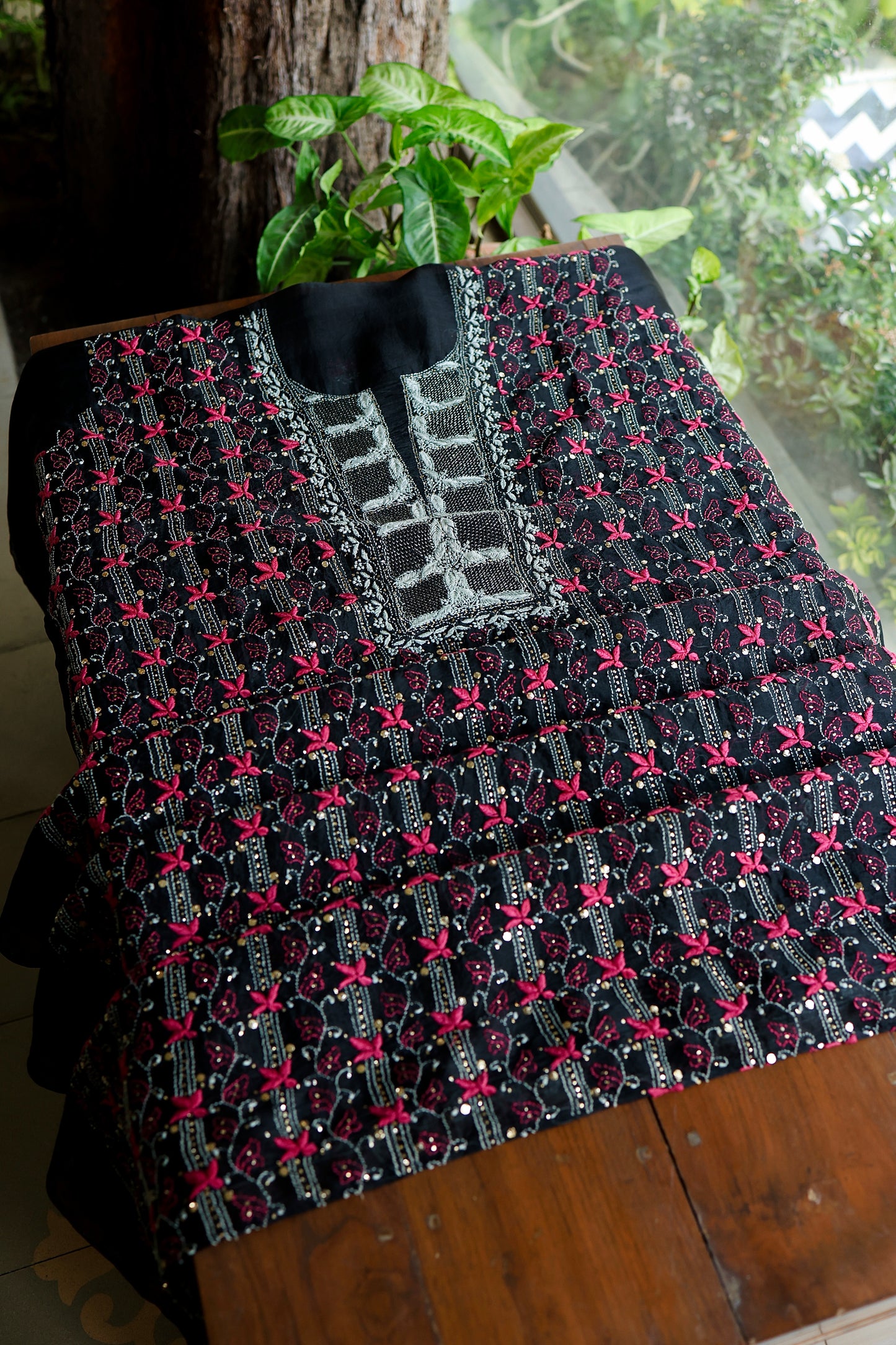 Black & Pink Noor Organza Silk Chikankari With Kamdani Fabric