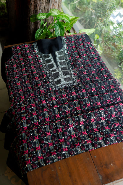 Black & Pink Noor Organza Silk Chikankari With Kamdani Fabric
