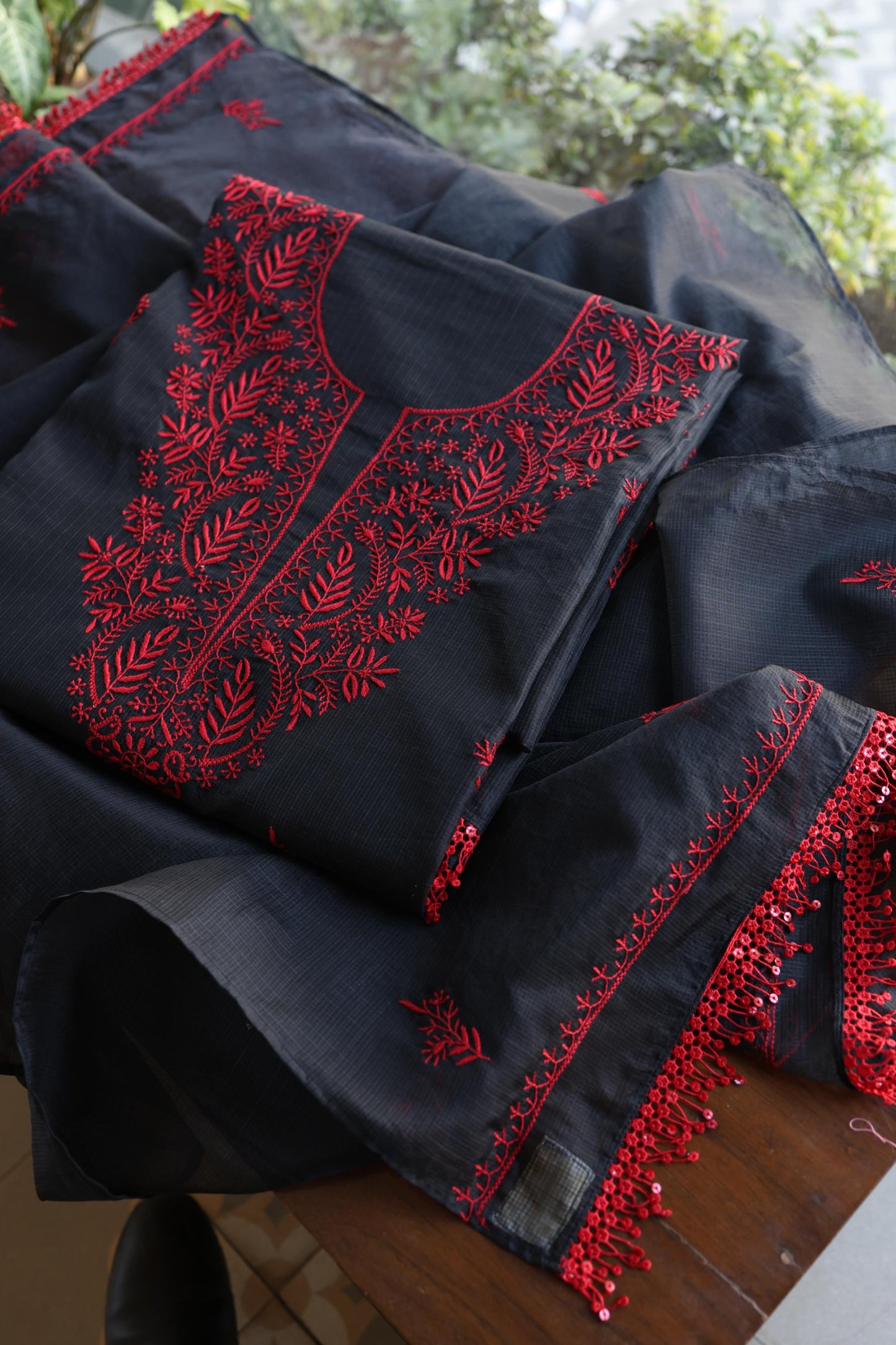 Black & Red Kota Chikankari Unstitched Fabrics