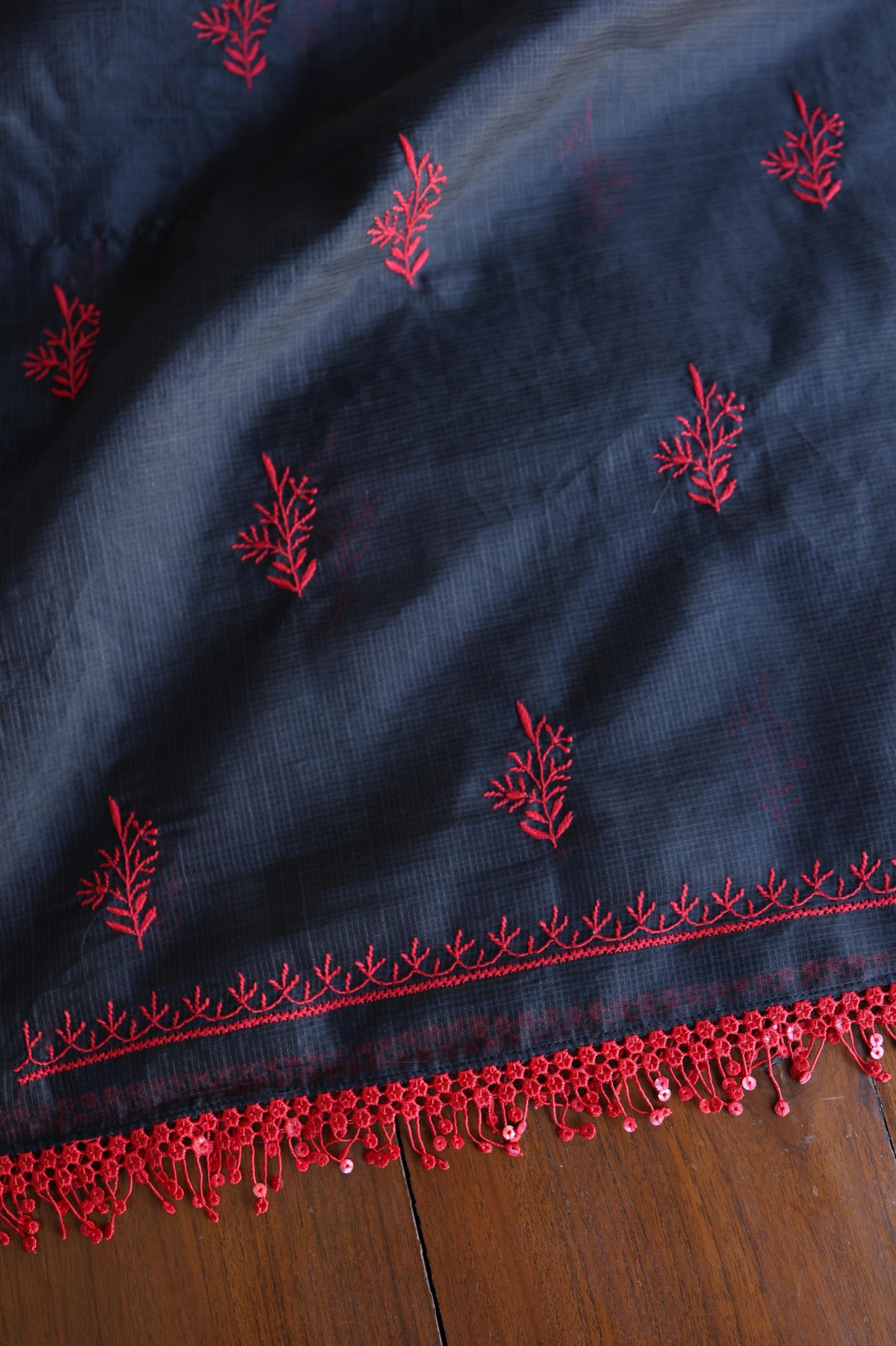Black & Red Kota Chikankari Unstitched Fabrics