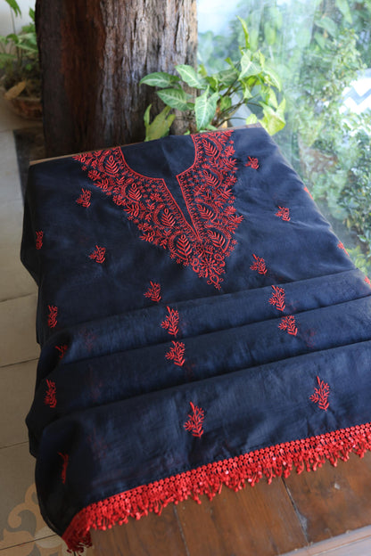 Black & Red Kota Chikankari Unstitched Fabrics