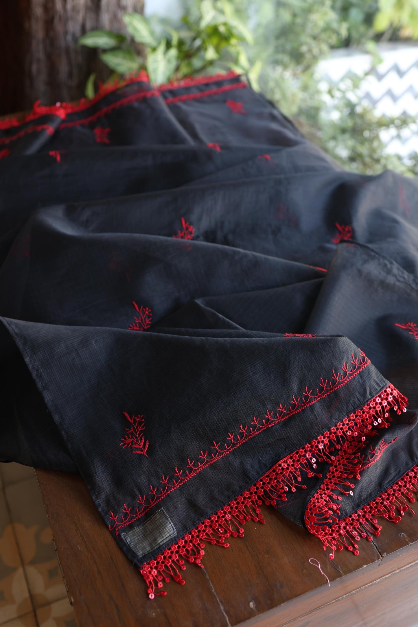 Black & Red Kota Chikankari Unstitched Fabrics