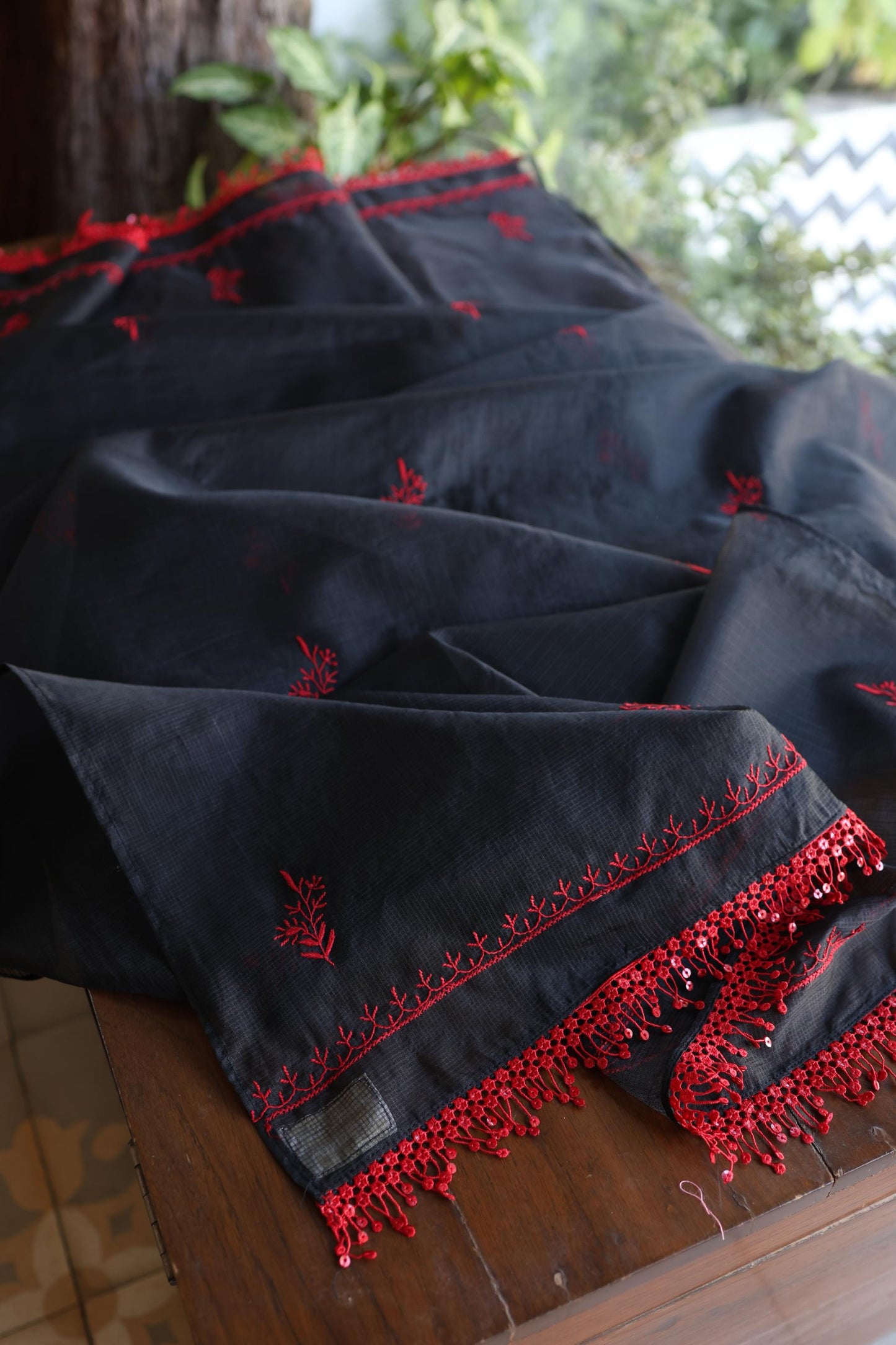 Black & Red Kota Chikankari Unstitched Fabrics