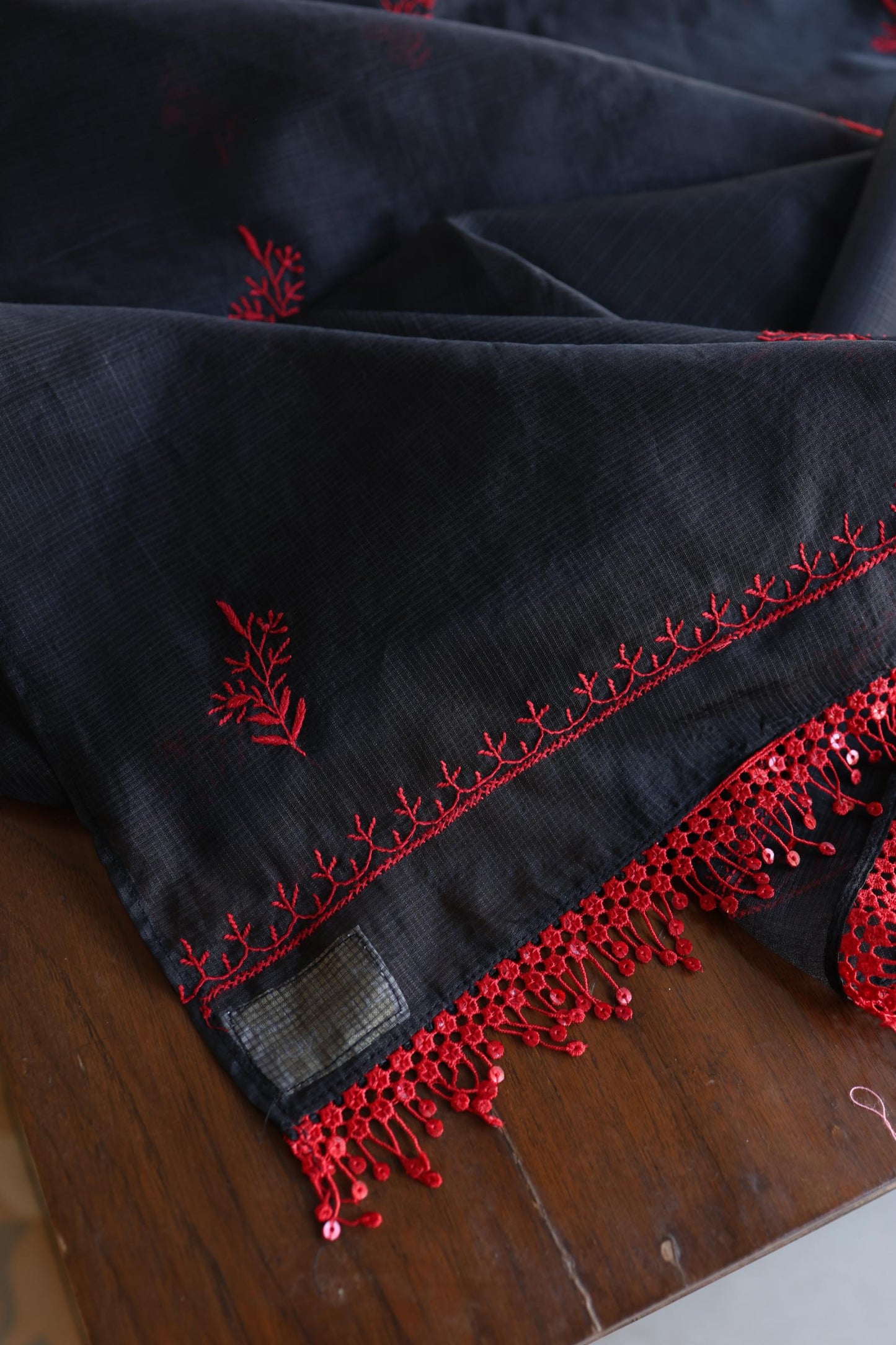 Black & Red Kota Chikankari Unstitched Fabrics