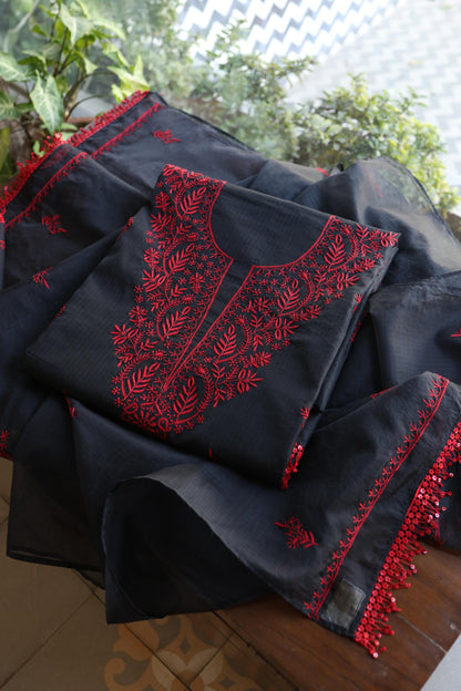 Black & Red Kota Chikankari Unstitched Fabrics