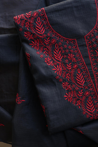 Black & Red Kota Chikankari Unstitched Fabrics