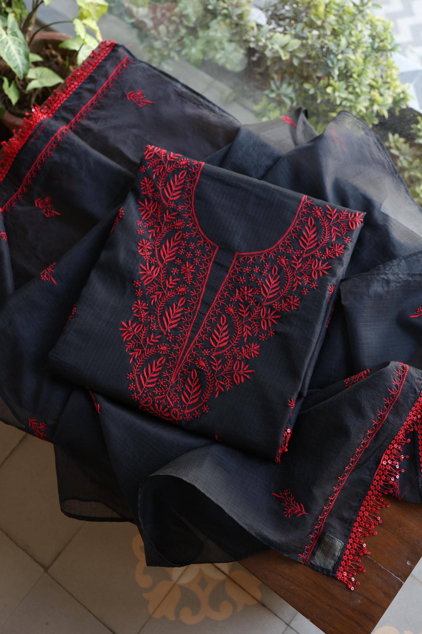 Black & Red Kota Chikankari Unstitched Fabrics