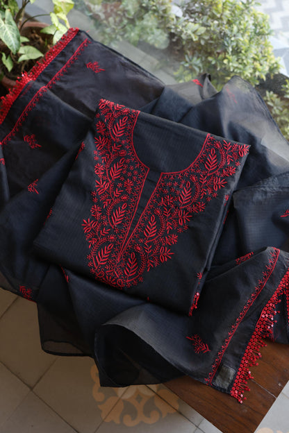 Black & Red Kota Chikankari Unstitched Fabrics