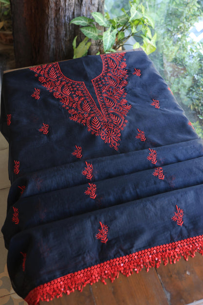 Black & Red Kota Chikankari Unstitched Fabrics