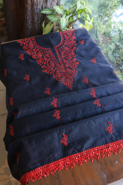 Black & Red Kota Chikankari Unstitched Fabrics