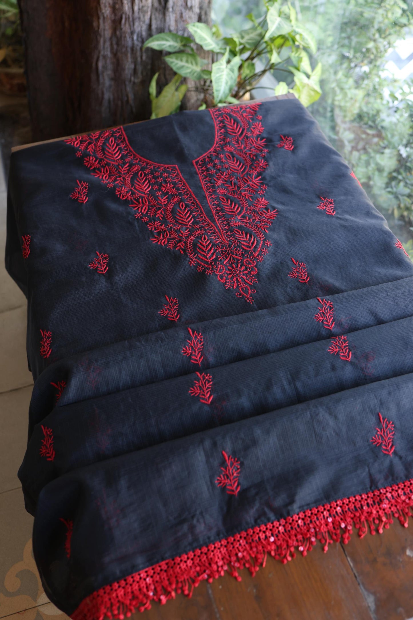 Black & Red Kota Chikankari Unstitched Fabrics