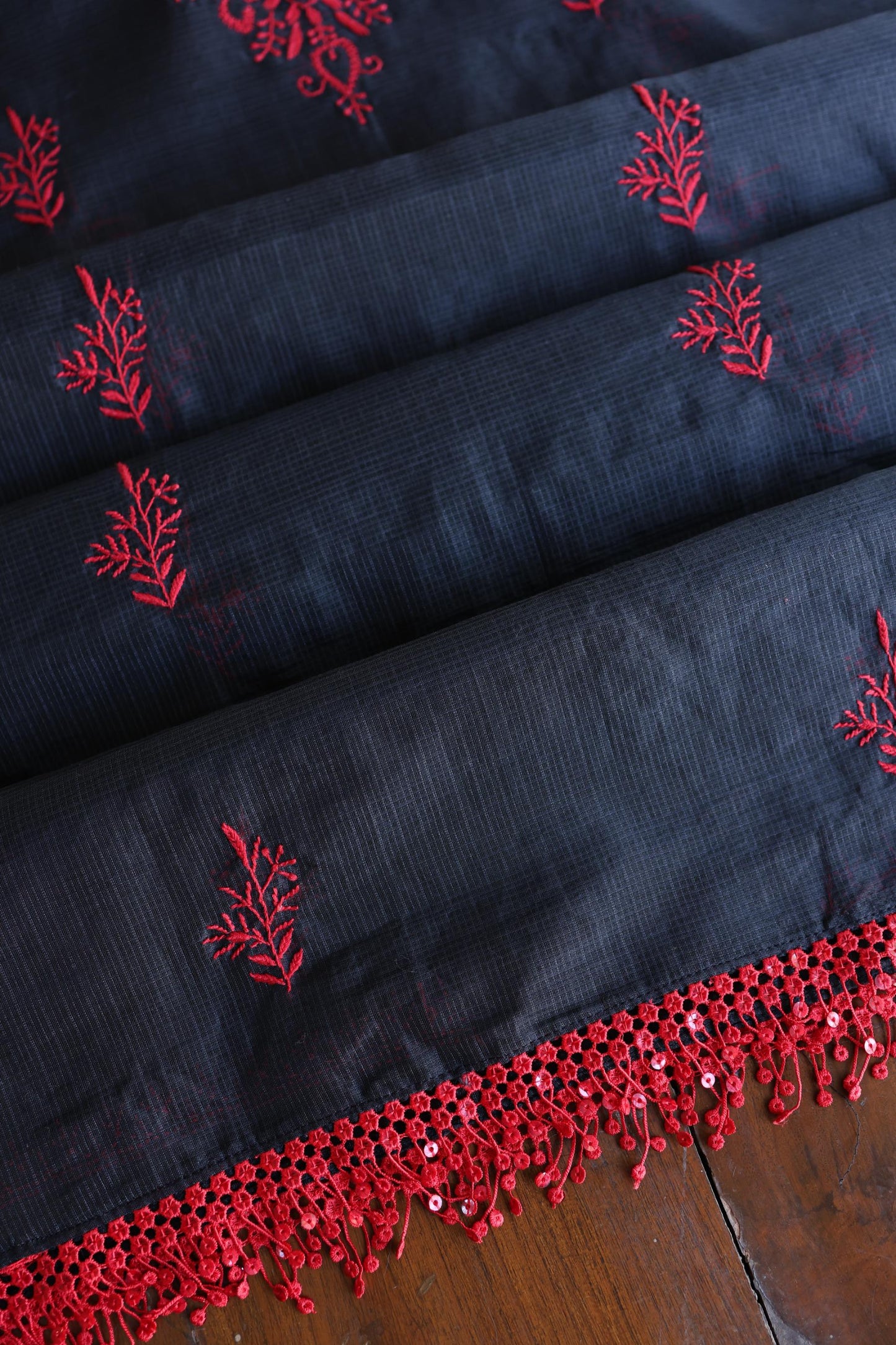 Black & Red Kota Chikankari Unstitched Fabrics