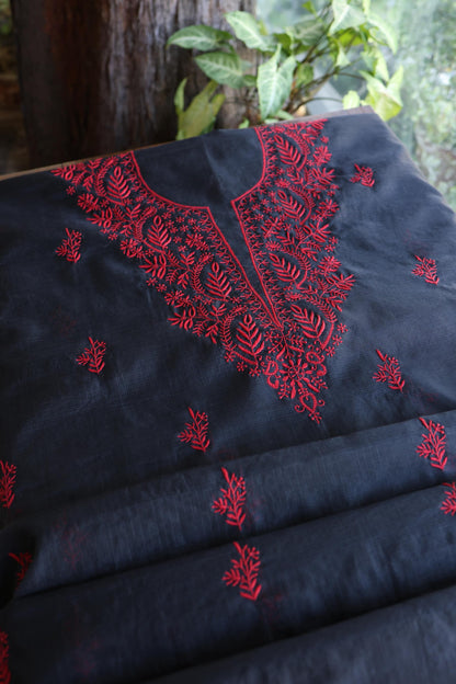 Black & Red Kota Chikankari Unstitched Fabrics
