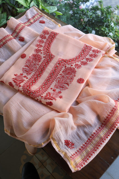 Blossom Shade Mal Cotton Chikankari Unstitched Kurta Dupatta Fabrics With Kamdani