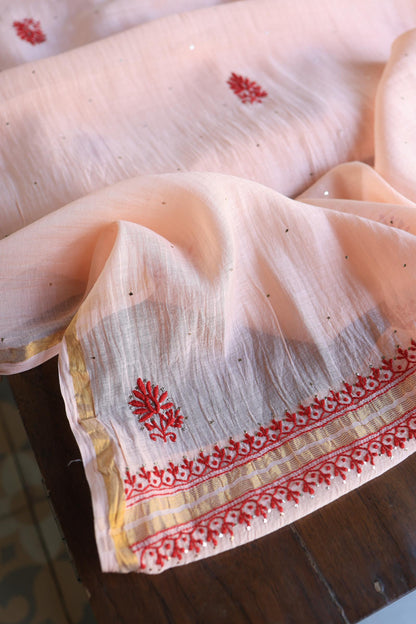 Blossom Shade Mal Cotton Chikankari Unstitched Kurta Dupatta Fabrics With Kamdani