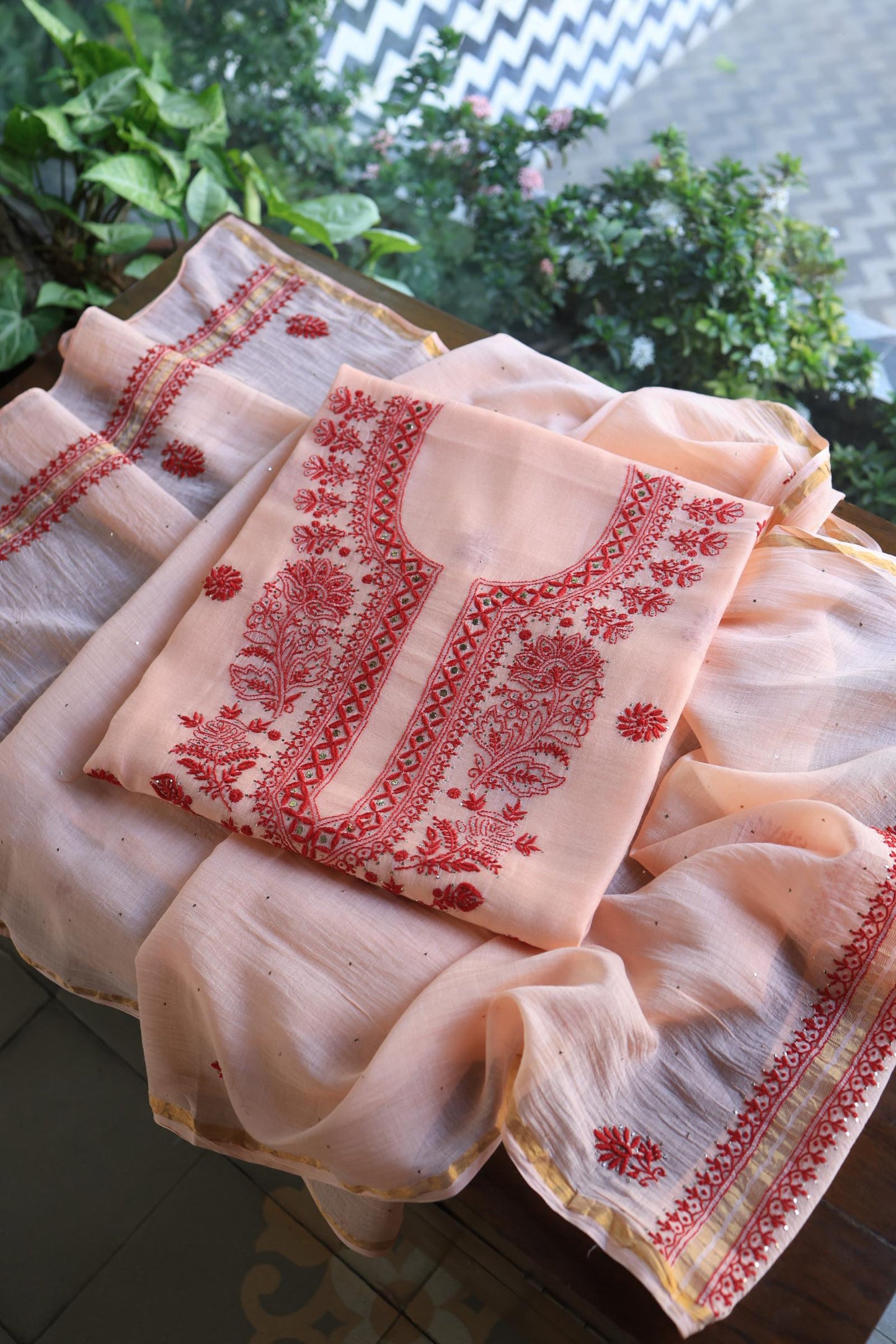 Blossom Shade Mal Cotton Chikankari Unstitched Kurta Dupatta Fabrics With Kamdani