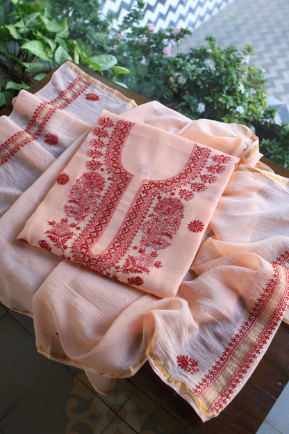 Blossom Shade Mal Cotton Chikankari Unstitched Kurta Dupatta Fabrics With Kamdani