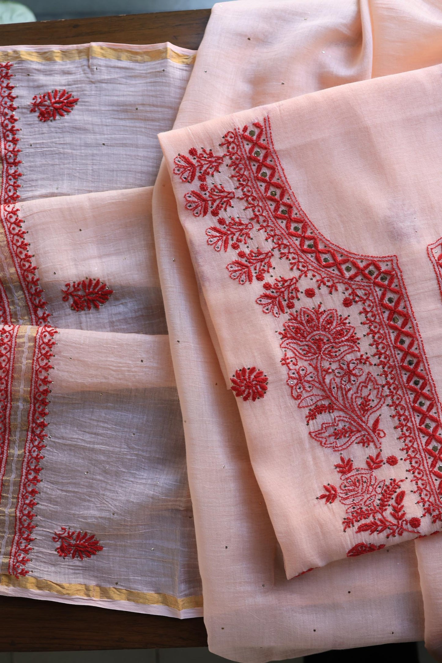 Blossom Shade Mal Cotton Chikankari Unstitched Kurta Dupatta Fabrics With Kamdani