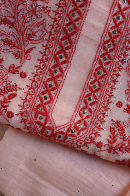 Blossom Shade Mal Cotton Chikankari Unstitched Kurta Dupatta Fabrics With Kamdani