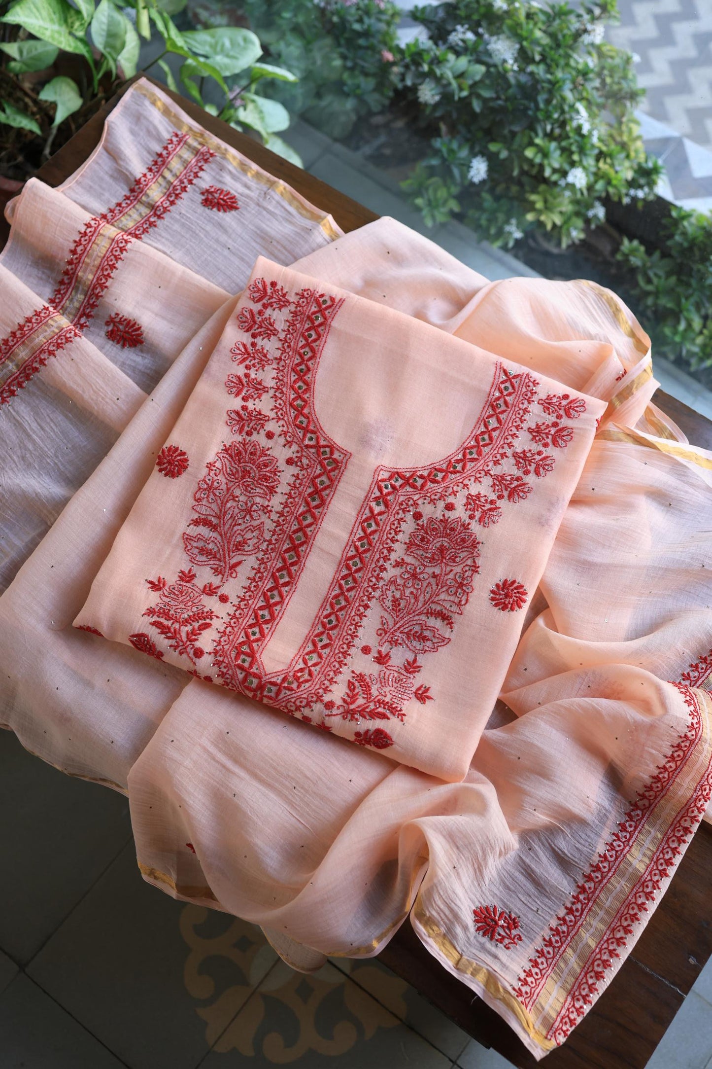 Blossom Shade Mal Cotton Chikankari Unstitched Kurta Dupatta Fabrics With Kamdani