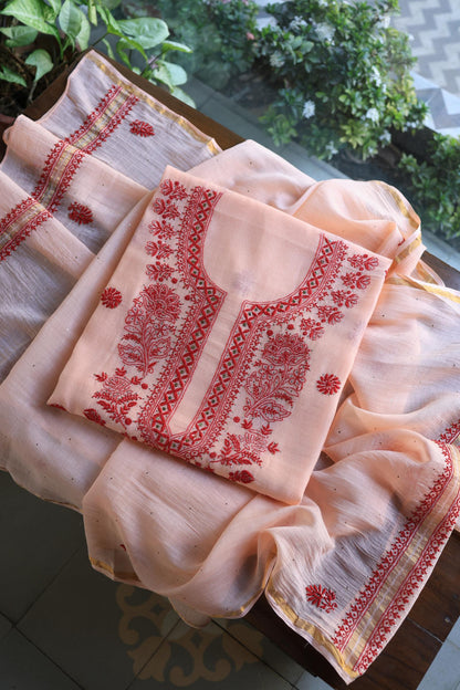 Blossom Shade Mal Cotton Chikankari Unstitched Kurta Dupatta Fabrics With Kamdani
