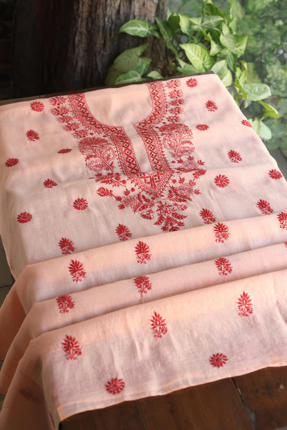 Blossom Shade Mal Cotton Chikankari Unstitched Kurta Dupatta Fabrics With Kamdani