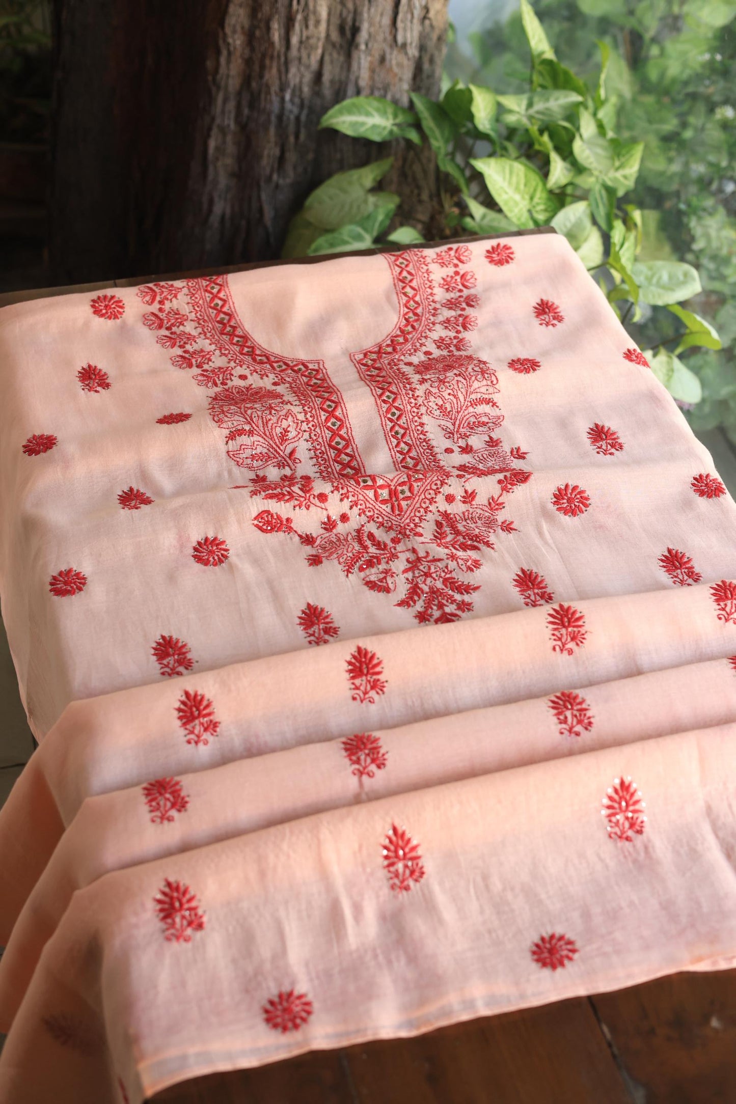 Blossom Shade Mal Cotton Chikankari Unstitched Kurta Dupatta Fabrics With Kamdani