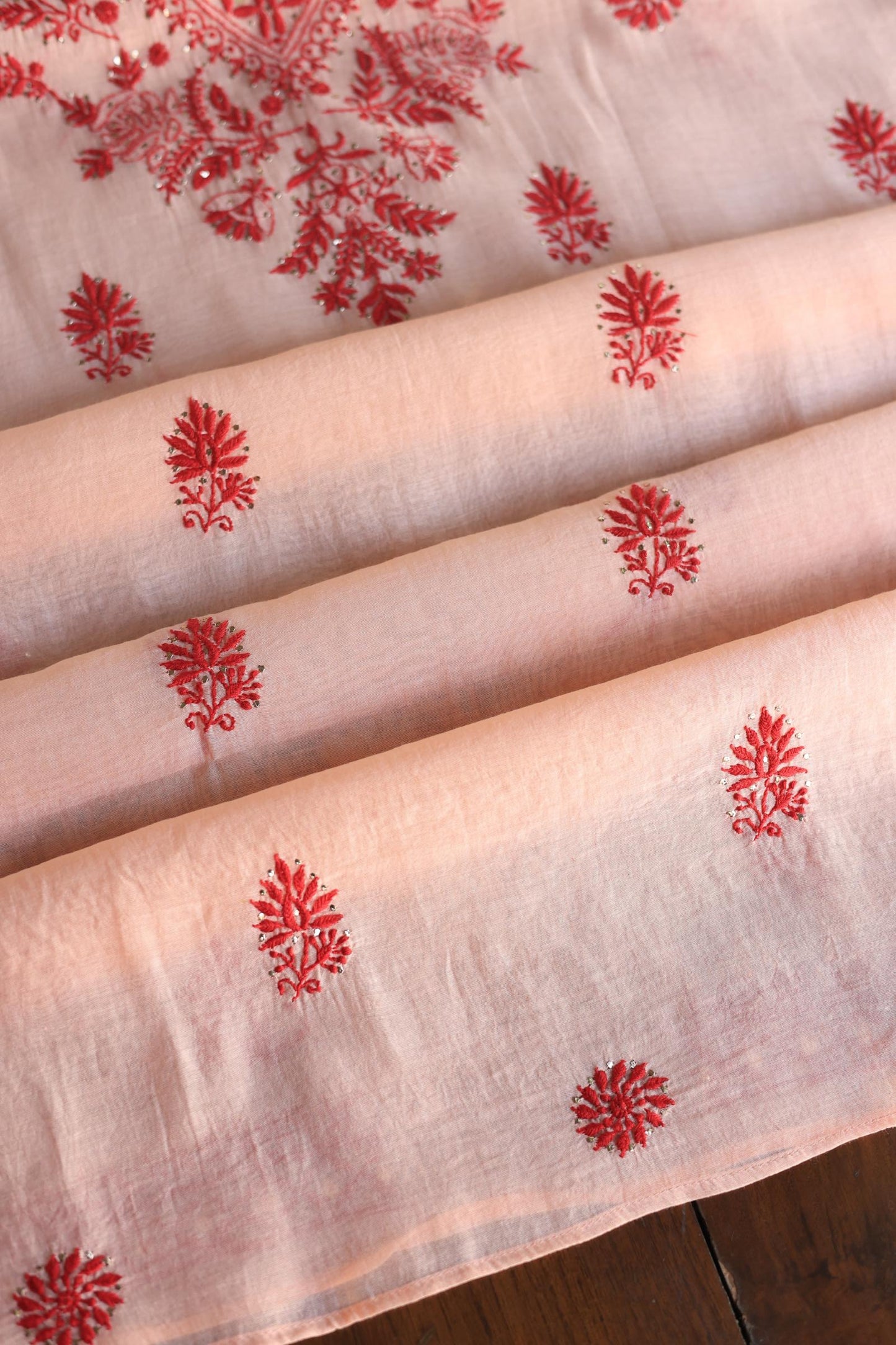 Blossom Shade Mal Cotton Chikankari Unstitched Kurta Dupatta Fabrics With Kamdani