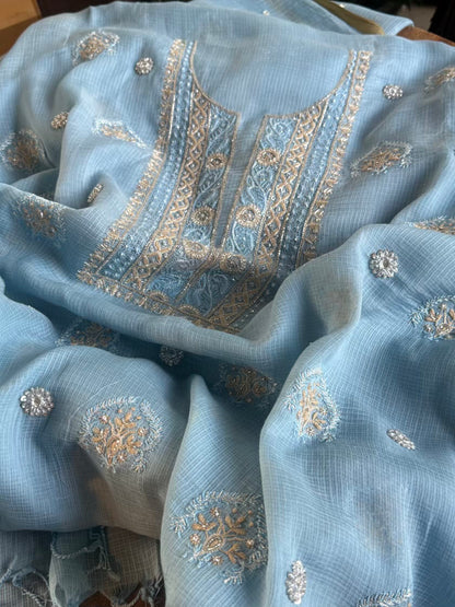 Blue Handloom Kota Chikankari With Mirror Work Unstitched Kurta Dupatta Set