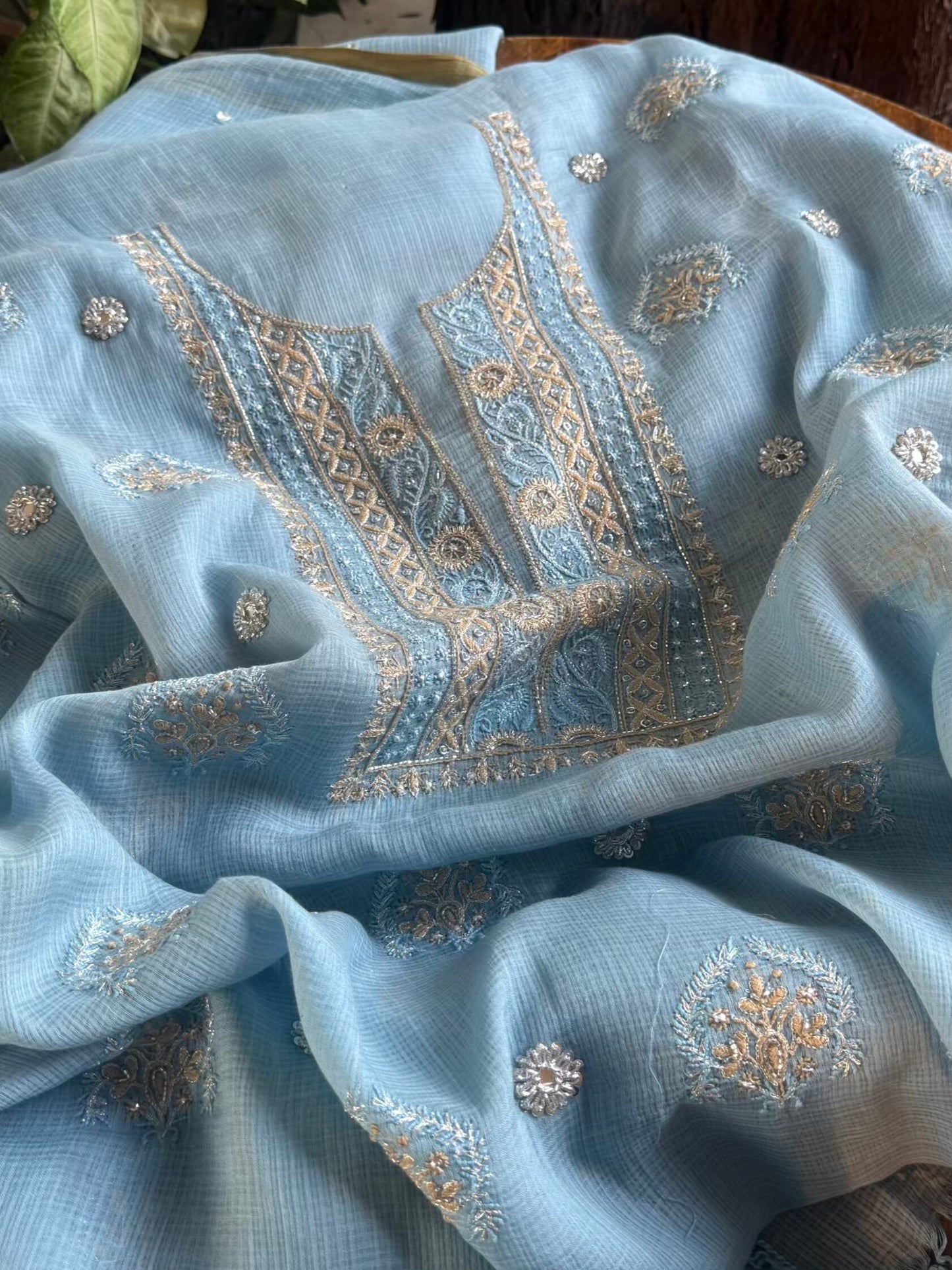 Blue Handloom Kota Chikankari With Mirror Work Unstitched Kurta Dupatta Set