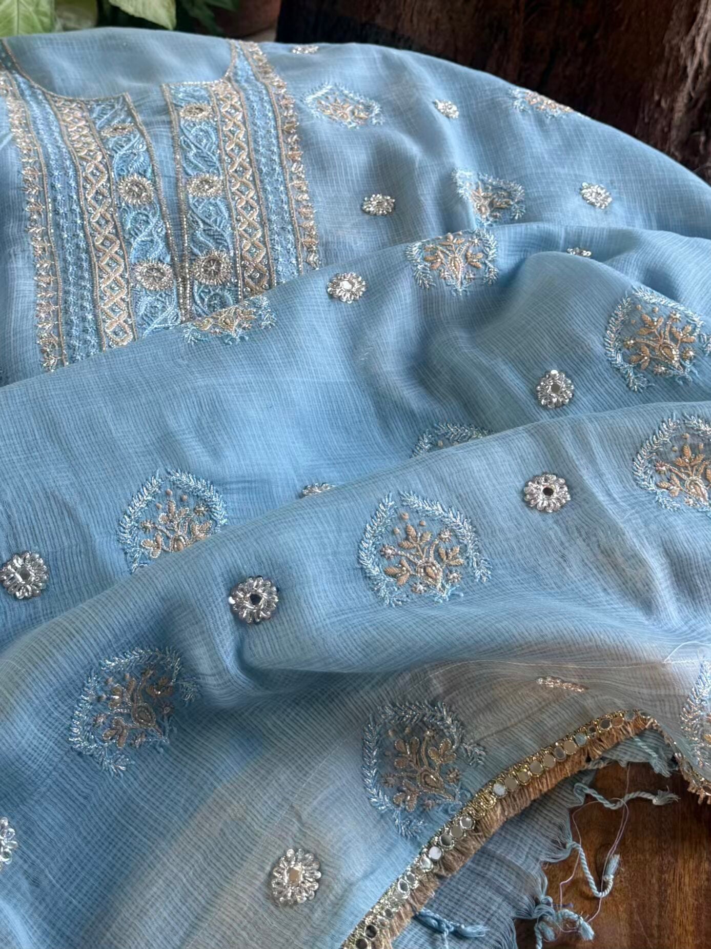 Blue Handloom Kota Chikankari With Mirror Work Unstitched Kurta Dupatta Set