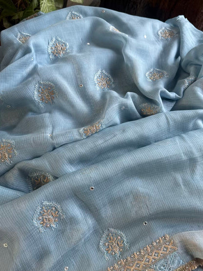 Blue Handloom Kota Chikankari With Mirror Work Unstitched Kurta Dupatta Set