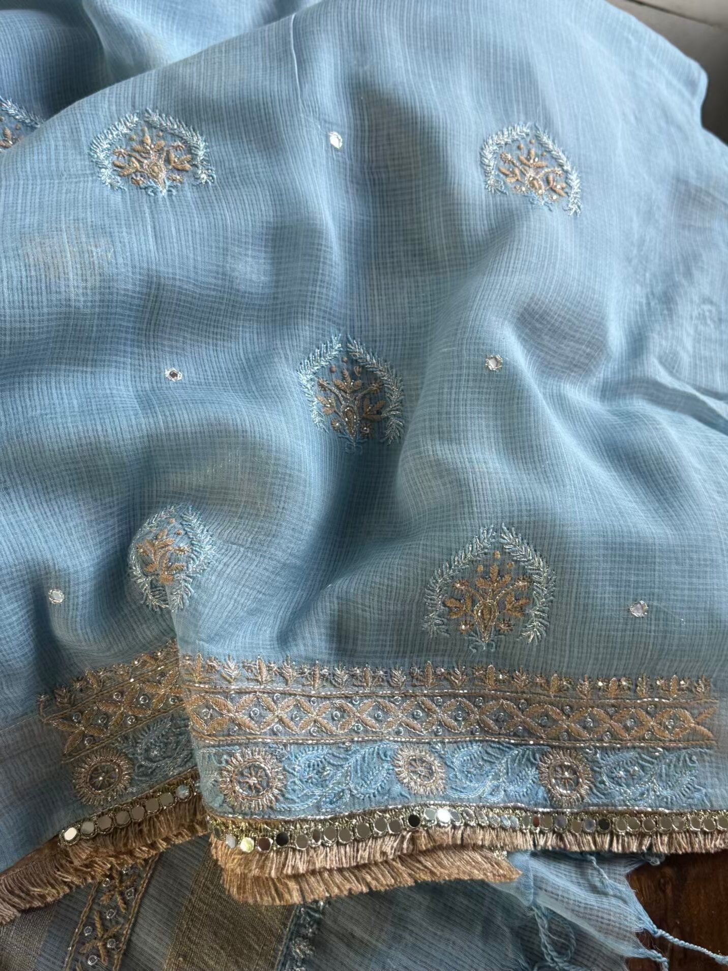 Blue Handloom Kota Chikankari With Mirror Work Unstitched Kurta Dupatta Set