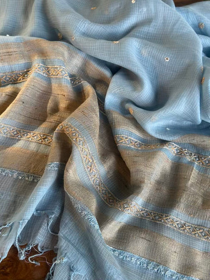 Blue Handloom Kota Chikankari With Mirror Work Unstitched Kurta Dupatta Set