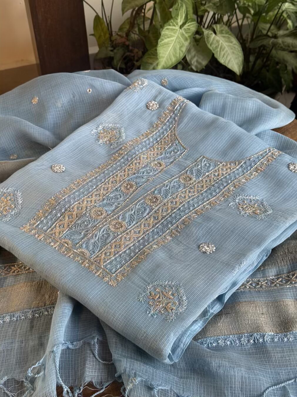 Blue Handloom Kota Chikankari With Mirror Work Unstitched Kurta Dupatta Set