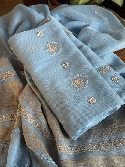 Blue Handloom Kota Chikankari With Mirror Work Unstitched Kurta Dupatta Set