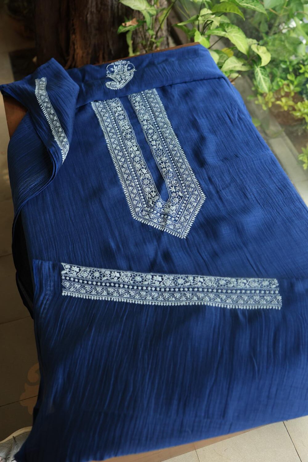 Blue Mulmul Chikankari Unstitched Men's Kurtas Fabrics