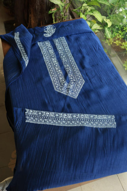 Blue Mulmul Chikankari Unstitched Men's Kurtas Fabrics