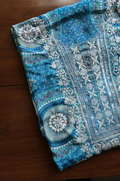 Blue Multi Muslin Chikankari Kurta Fabric