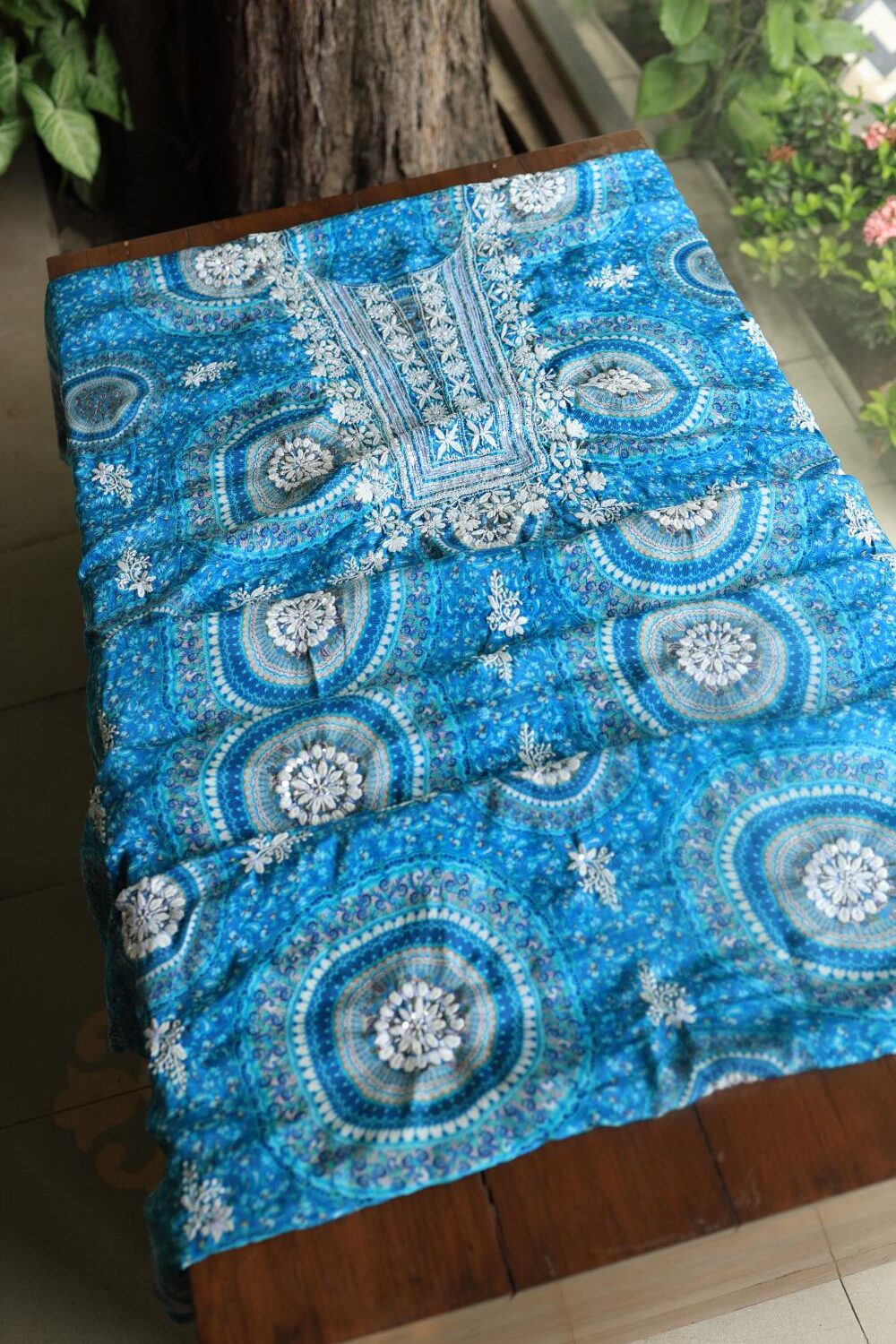 Blue Multi Muslin Chikankari Kurta Fabric