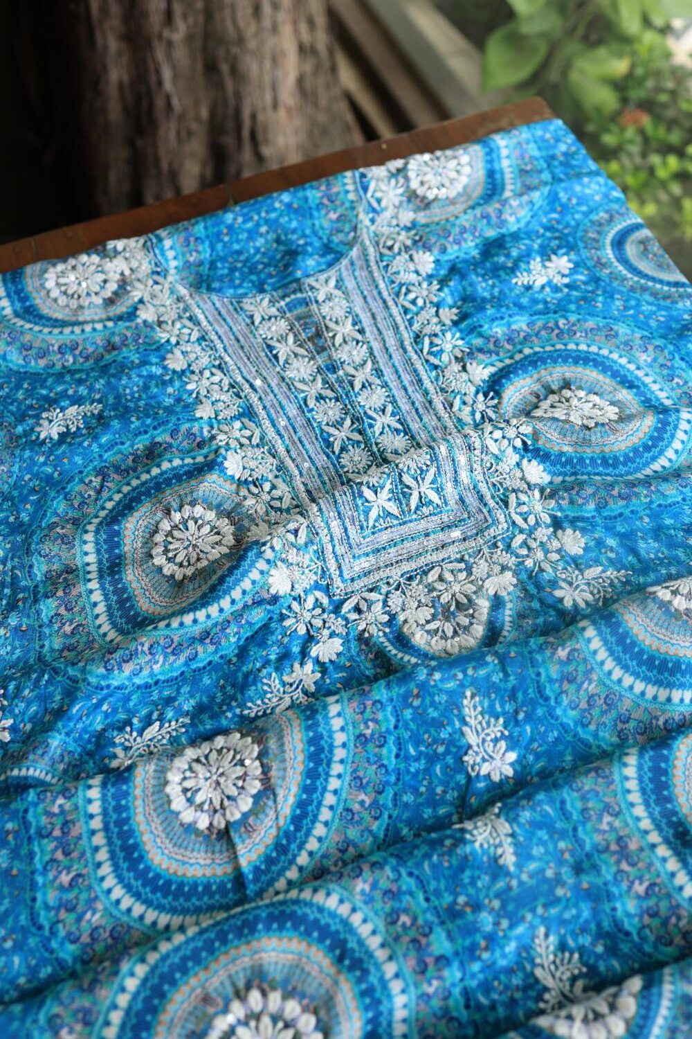 Blue Multi Muslin Chikankari Kurta Fabric